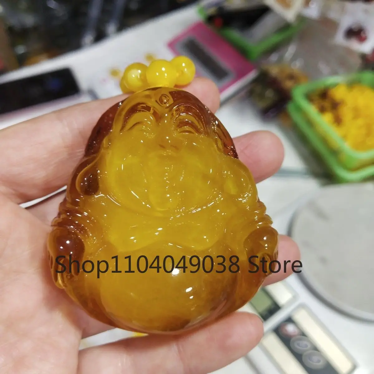 

Подвеска Будда ручной работы из натурального синего янтаря Доми, цепочка для свитера, женское ожерелье из необработанного медового янтаря Майтрея