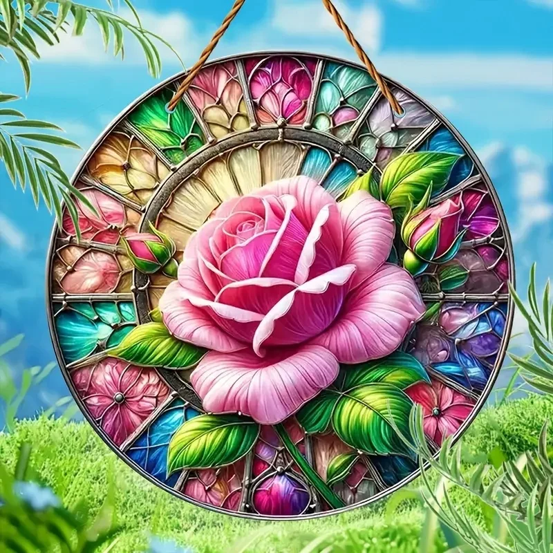 Colorful Roses Sun Catcher-Round Acrylic Stained Art Translucent Window Hanging Sign,Home,Porch,room,bedroom,Garden Decor