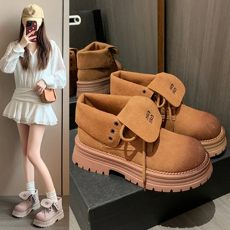 2024 Autumn Winter Retro Fashion Platform Women\'s Boots Designer Luxury Leather Shoes Female Casual Solid Color Motorcycle