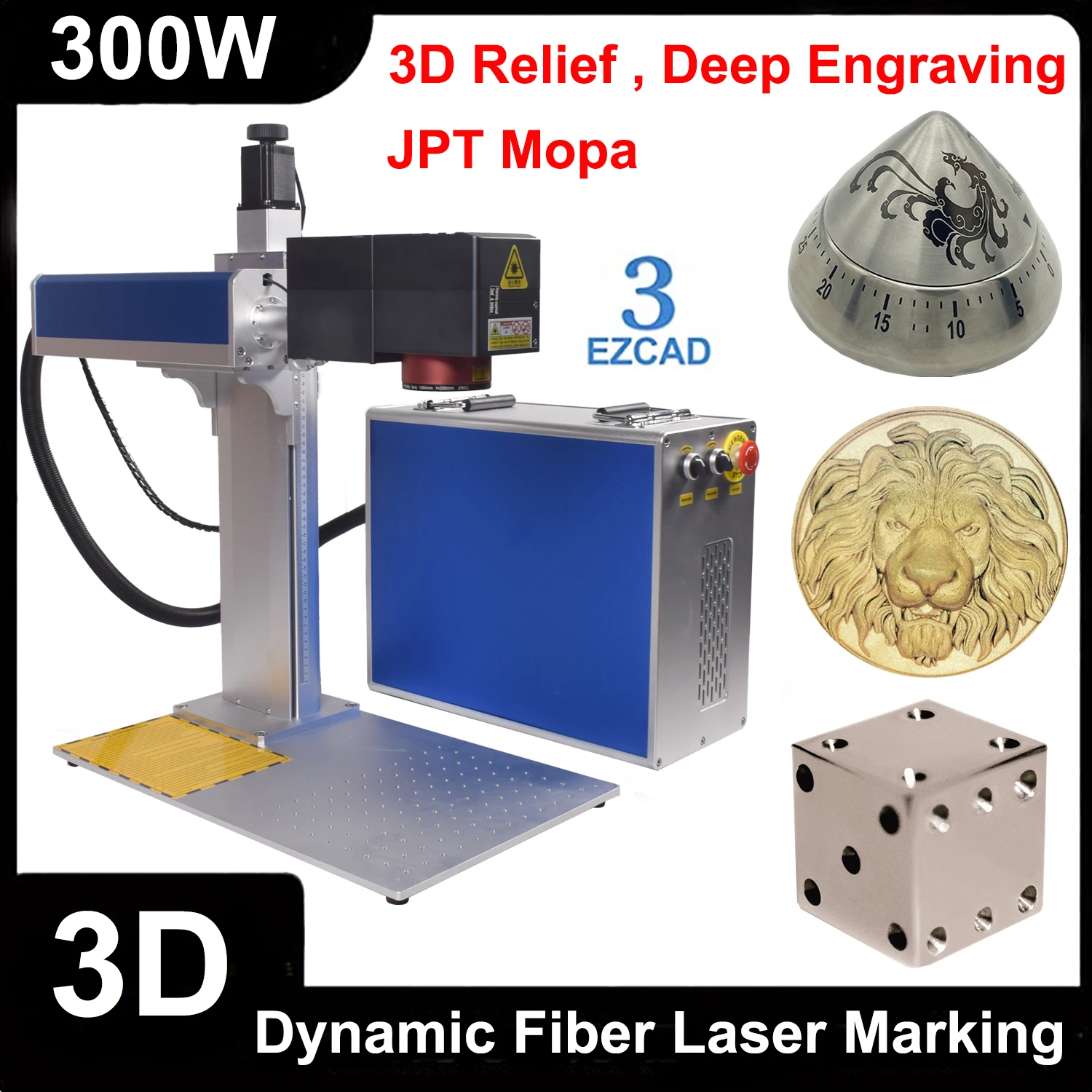 모든 금속 주얼리용 3D 릴리프 딥 타각기, JPT 모파 파이버 레이저 마킹 절단기, 3 축 레이저 조각기, 300W