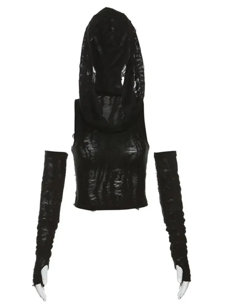 

Сексуальная готическая обучающая одежда с капюшоном, укороченный топ, женские эстетические футболки в стиле ретро Y2K, ажурная вязаная футболка в стиле панк, уличная одежда