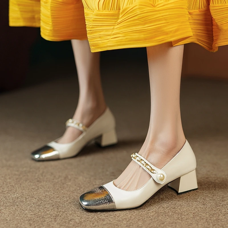 

Women's New Spring and Autumn Square Head Genuine Leather Cowhide Middle Heel Large Size Color blocked Mary Jane Fashion Shoes