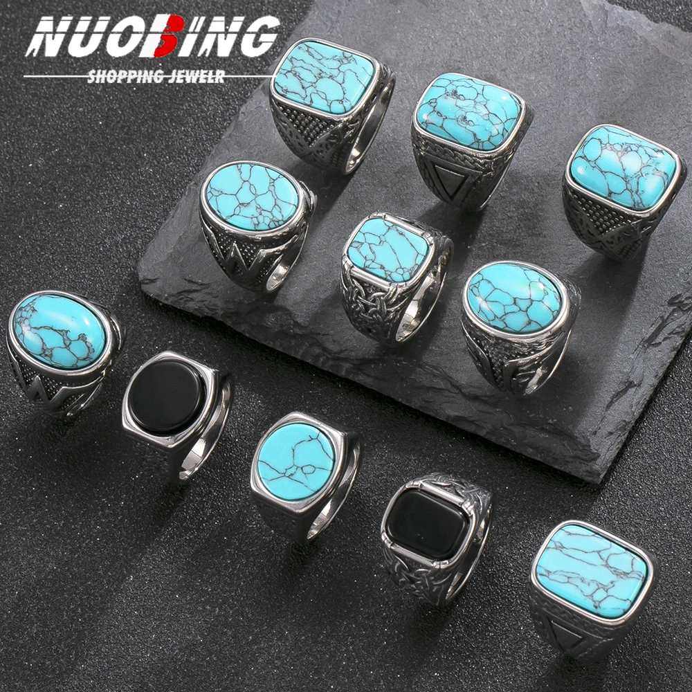 Luxurious Retro Turquoise Black Agate & Tiger Eye Stone Men Women Trendy Oval Ring Casual Fashion 316L Stainless Steel Jewelry