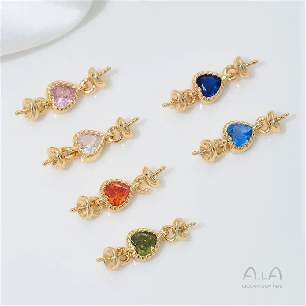 T356 14K Gold-plated, Heart-shaped Zircon Heart Sheep's Eye Set Connection Accessory, Adhered Crystal Pearl Jewelry Material