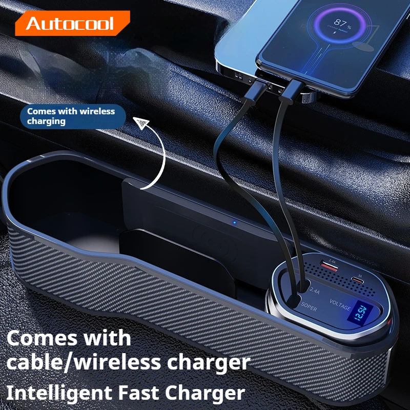 Quick Charger Car Seat Gap Organizer USB Type-C Front Seat Console Side Pocket Wireless Charger Front Seat Side Storage Case