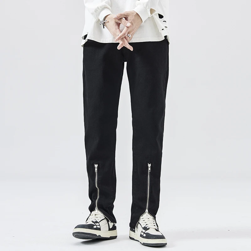 

hipster men trend fashion zipper slim-fit straight-leg jeans