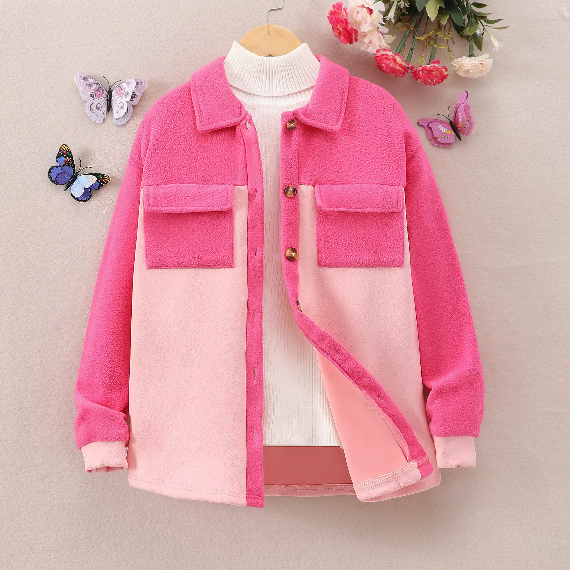 2025 New Winter Big Girls Top Long Sleeved Polo Collar Panel Plush Fashion Casual Simple Kids Coat 8 9 10 11 12 Yrs Old