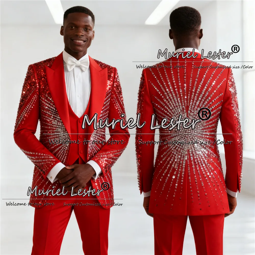 

Brilliant Beaded Crystals Wedding Tuxedo Suit For Men 3 Piecece Sets Single Breasted Groom Blazers Customized trajes para hombre