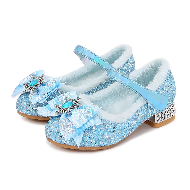 Disney Frozen Princess Elsa Cartoon Baby Girl Princess Warm High Heel Crystal Shoes Children Flat Girl Leather Shoes Size 23-36