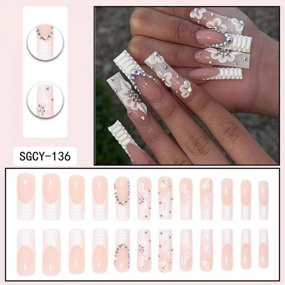 Prom Nails Flowers Extra Long Square Fake Nails 24pcs Full Cover Manicure Design Nail Tips for Women Quick Simple Operation Long