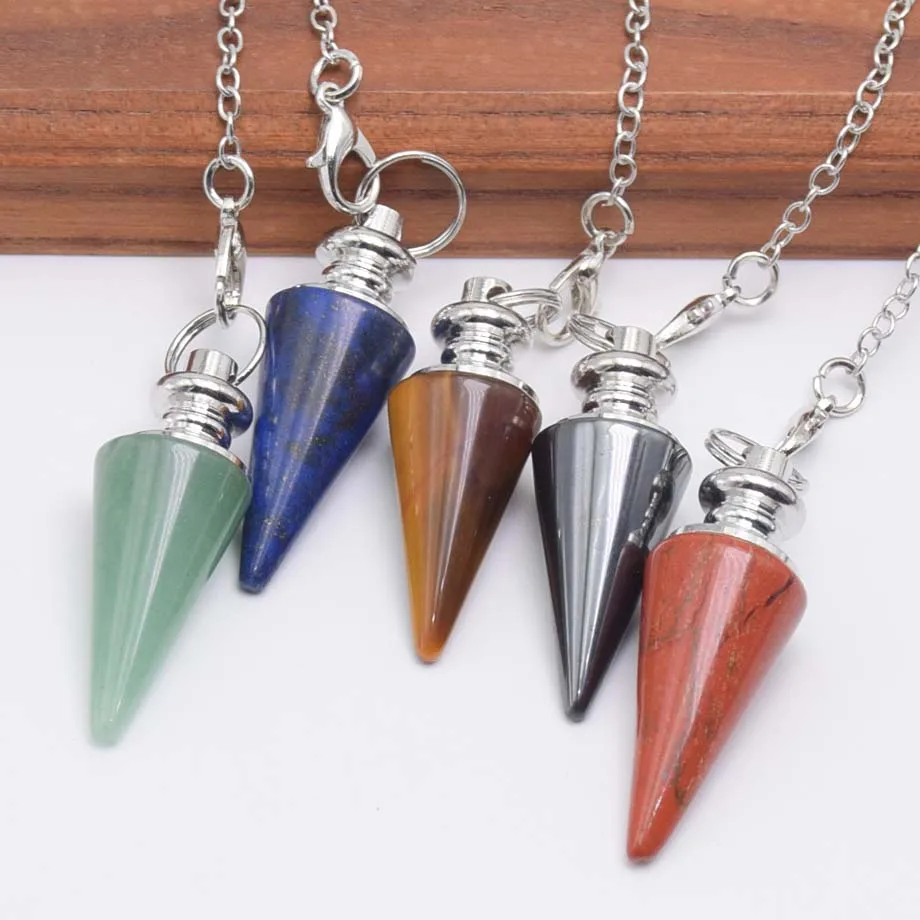 Natural Stone Amethysts Healing Pendulum for Dowsing Spiritual Divination Cone Crystal Conical Quartz Pendant Necklace Jewelry