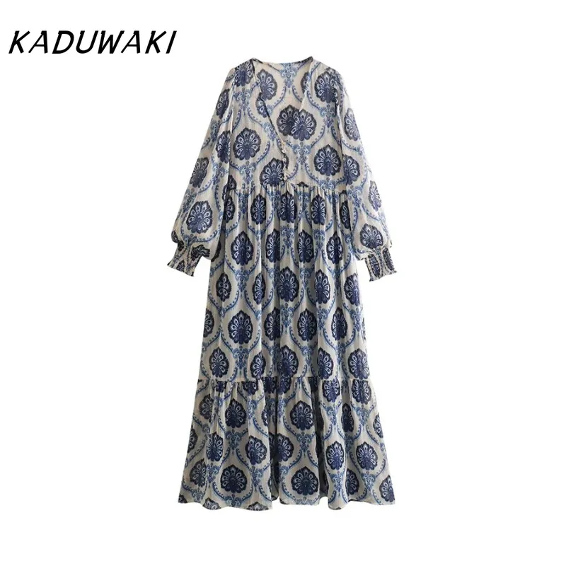 

KADUWAKI Y2k Women Dress with Metallic Color Line Loose Full Sleeves Printed Vestidos Lady Casual Fashion Summer Female Clothing
