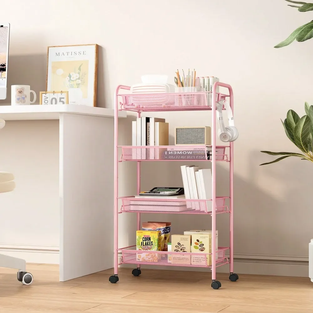 

Металлическая тележка KINGRACK с 4 ярусами и 3 крючками, мобильная тележка для хранения на колесах, легко собираемая, металлическая полка-стеллаж