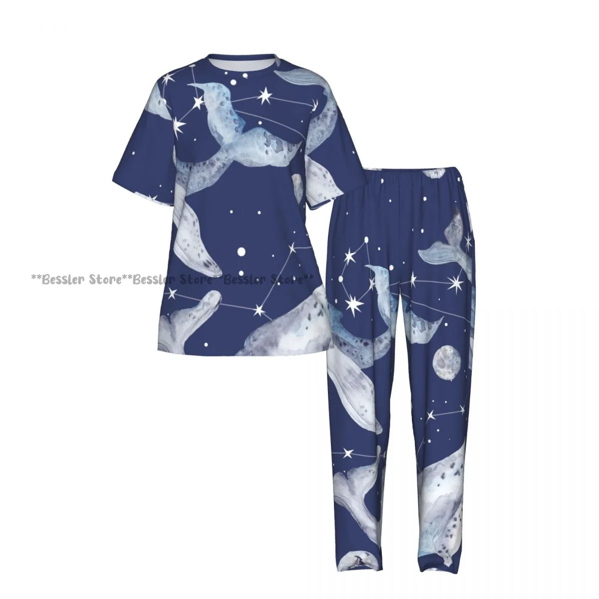Women's Whales And Constellation Stars Watercolor short sleeve trousers casual pajamas set view 2
