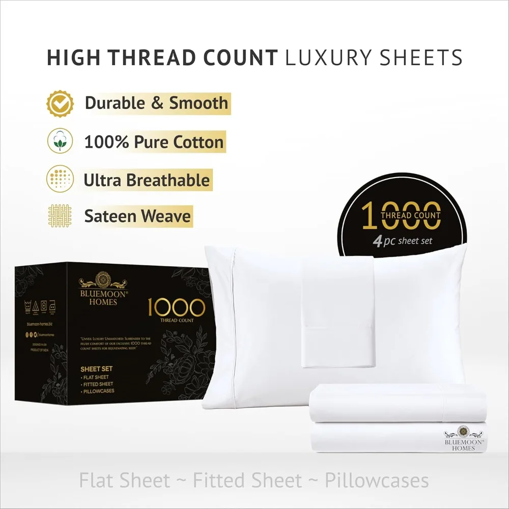 Queen size 1000-draadt beddengoed van Egyptisch katoen van Bluemoon Homes - katoenen lakenset met lange stapel