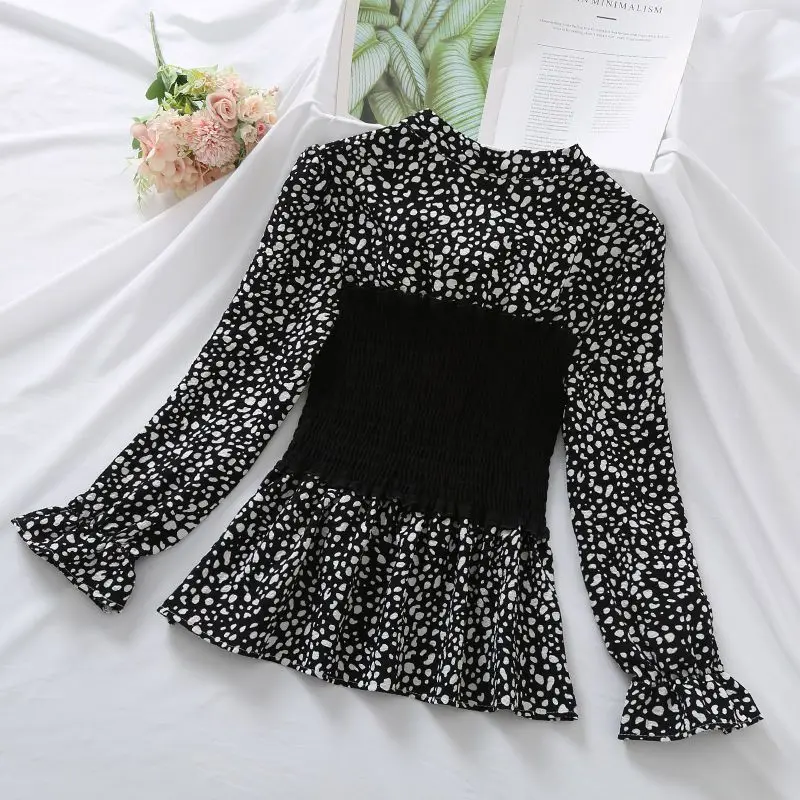 Print Contrast Patchwork Bow Lacing Vintage Blouse Spring Autumn Long Sleeve Pleated Elegant Shirts Fashion Office Women Clothes