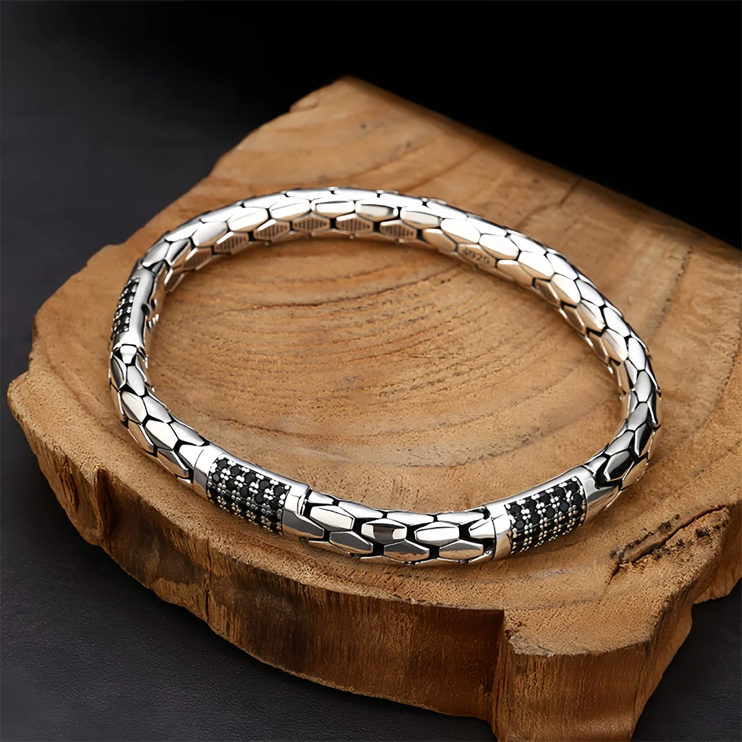 BOCAI New S925 Sterling Silver Charms Bangle for Men Women Antique Snake Pattern Zircon Creative Bracelets Fine Choice Jewelry