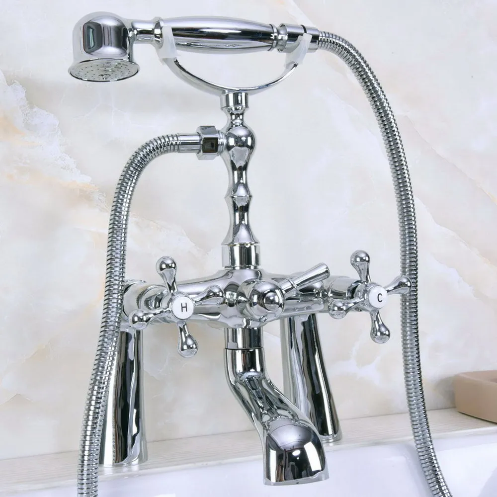 

Polished Chrome Brass Double Handle Deck Mount Bathroom Bath Tub Faucet Set with 150CM Hand Held Shower Spray Mixer Tap 2na124