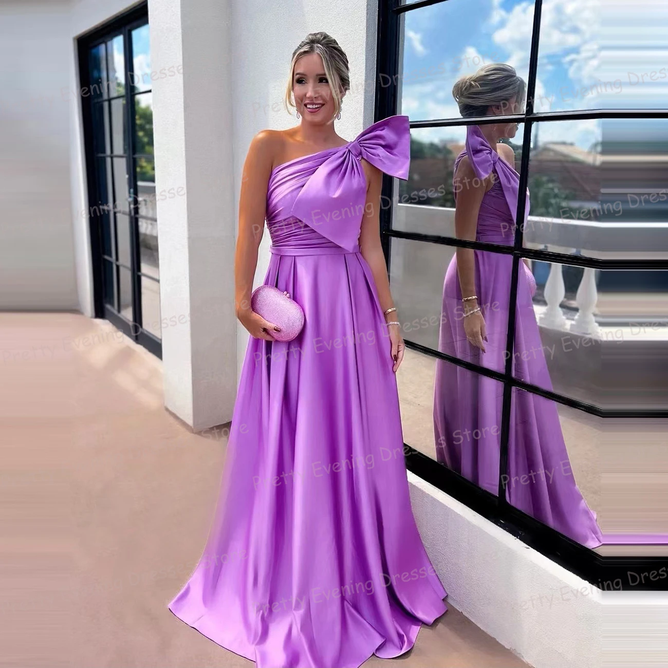 Simple Colorful Evening Dresses Woman's A Line Sexy Bow Sleeveless Prom Growns One Shoulder Fashion Celebrity Party Vestido Gala