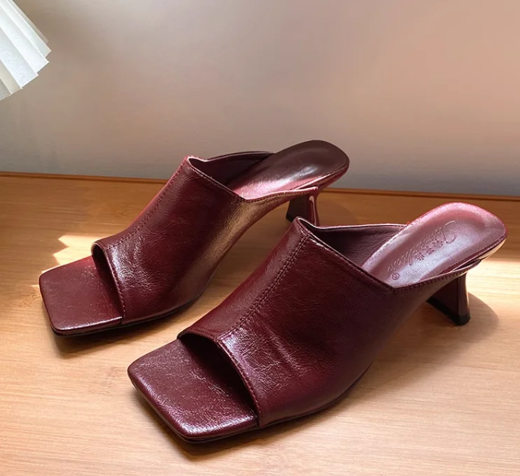 New 2025 Square Toe Slip On Shoes Soft Microfabric Ladies Abnormal Heel Sandals All Matched Open Toe Shoes Sexy Summer Shoes