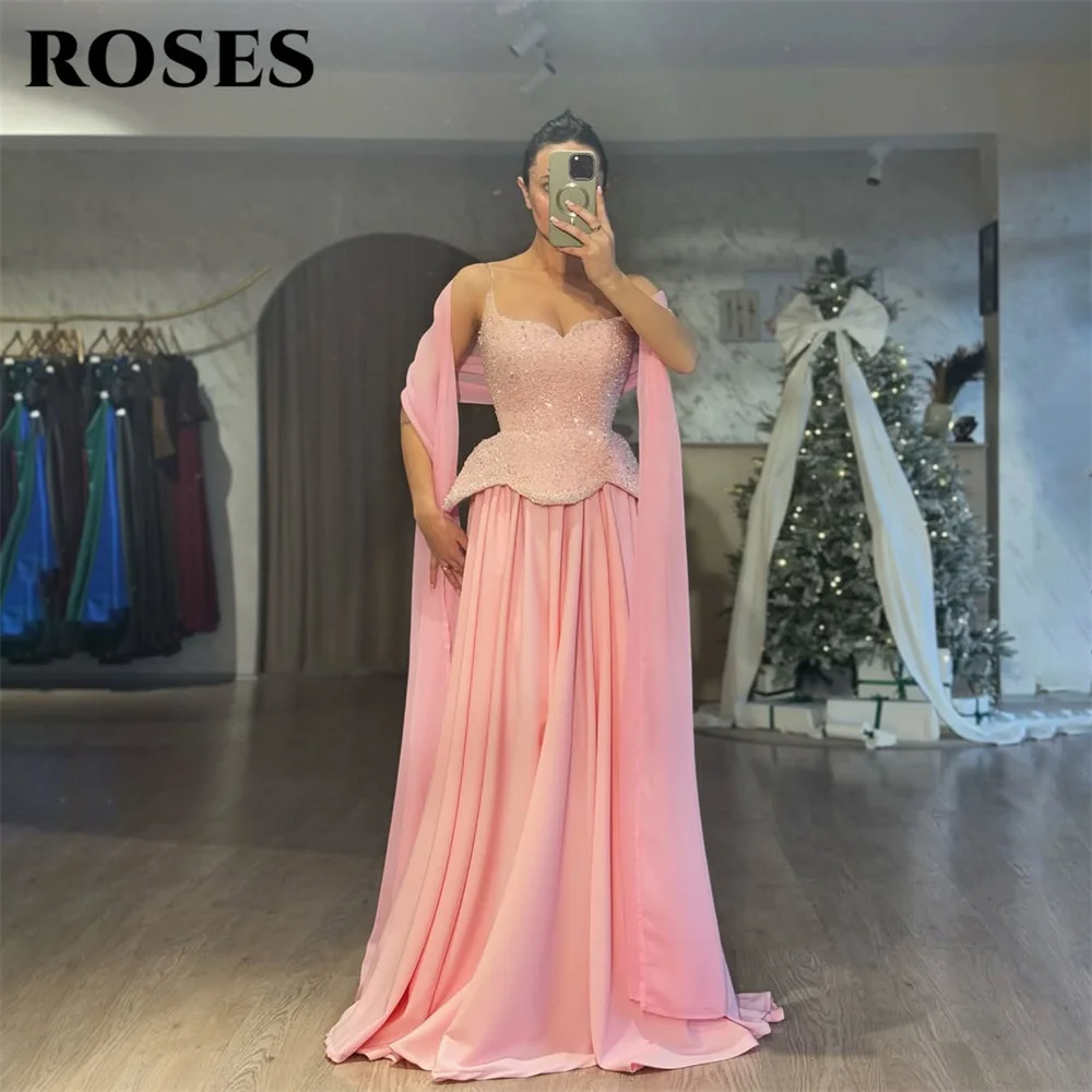 ROSES Light Pink Evening Dress Spaghetti Strap Prom Dresses with Sequin Bodice Party Formal Gown A Line robe de bal Customized