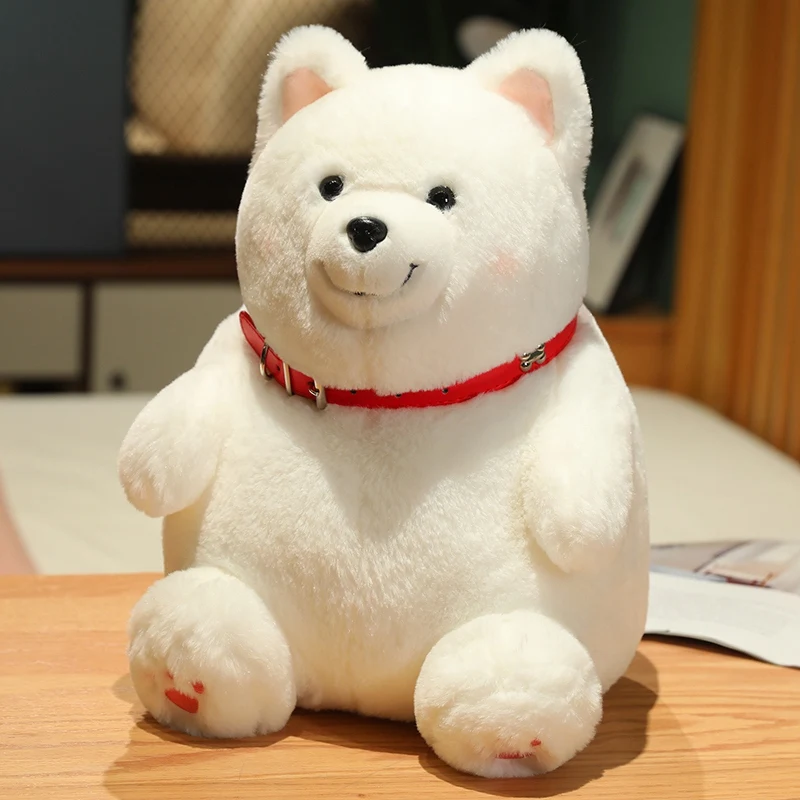 25/35/45cm Sitting Animal Dog Plush Toy With Red Collar Throw Pillow Kawaii White Samoyed Dog Plush Toy Decorate The Bedroom