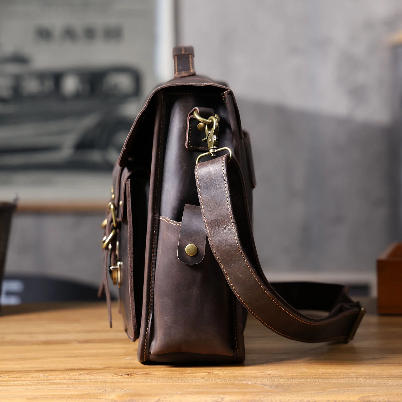 S.WORKER Vintage Echtleder Herren-Aktentasche 16" Laptop-Tasche Crazy Horse Leder Messenger-Handtasche Rindsleder Geschenkidee für Männer – Detail 11