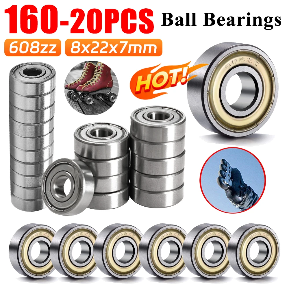 

20-160PCS 608ZZ Ball Bearings Carbon Steel Single Row 8x22x7mm ABEC-7 Deep Groove Miniature Ball Bearings for Skateboard Scooter