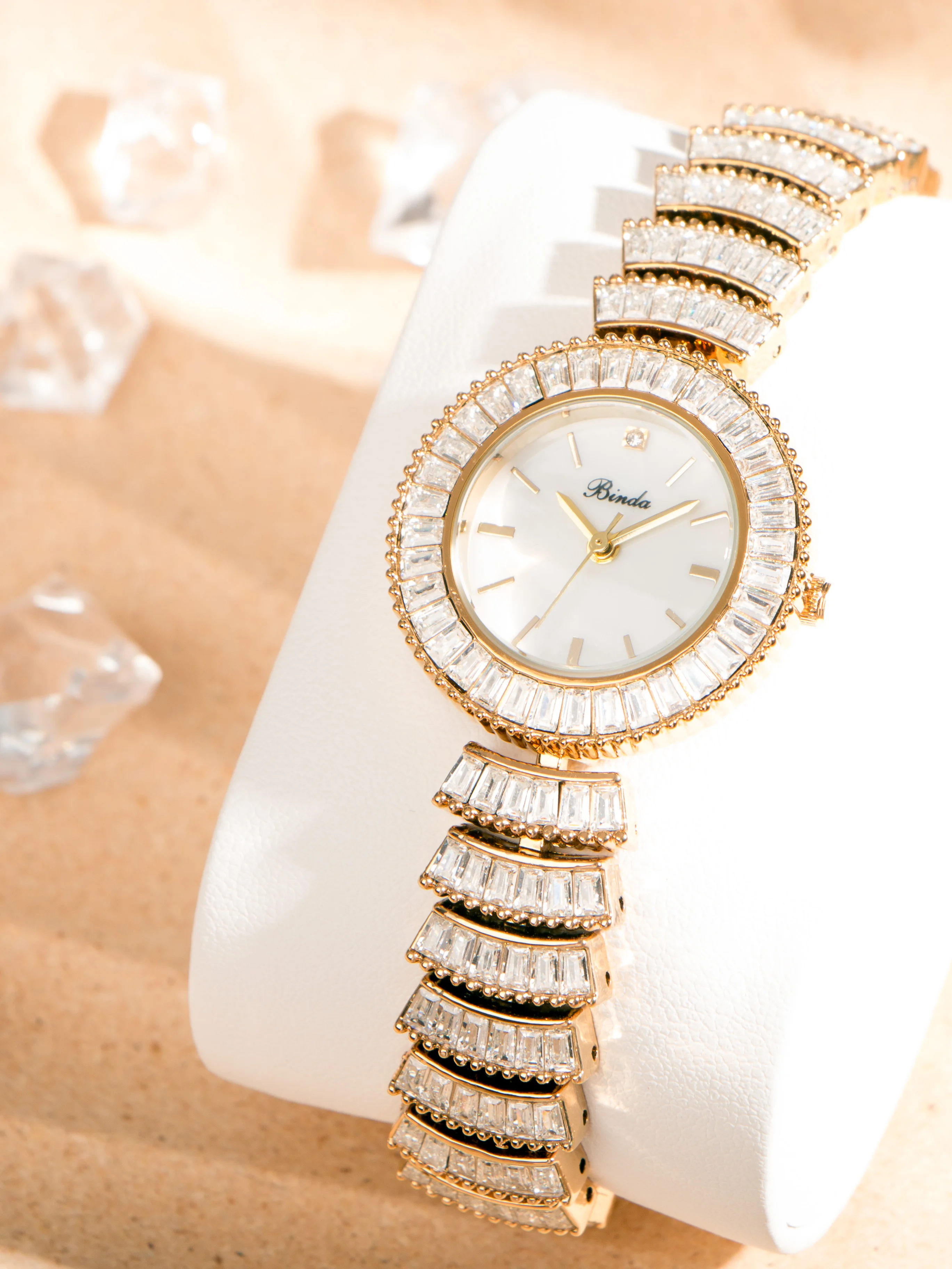 【Binda】Relógio feminino de quartzo à prova d'água com incrustação de diamante completo, design brilhante de luxo, caixa de presente, perfeito para uso diário, presente