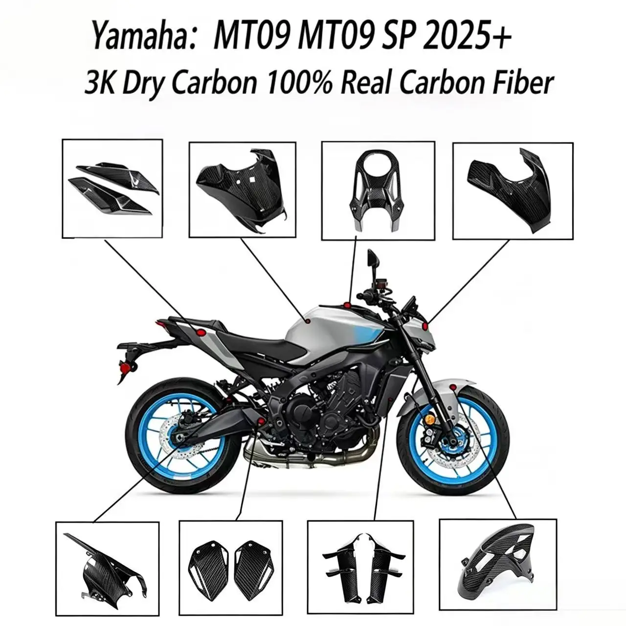

Applicable motorcycle parts: Yamaha MT09, MT09 sp 2025+ modified carbon fiber shell parts, engine hood, mudguard