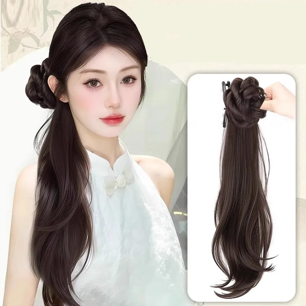 45 cm estilo chino lado sintético cola de caballo trenzas peluca Clip mujeres Natural rizado extensión de cabello esponjoso