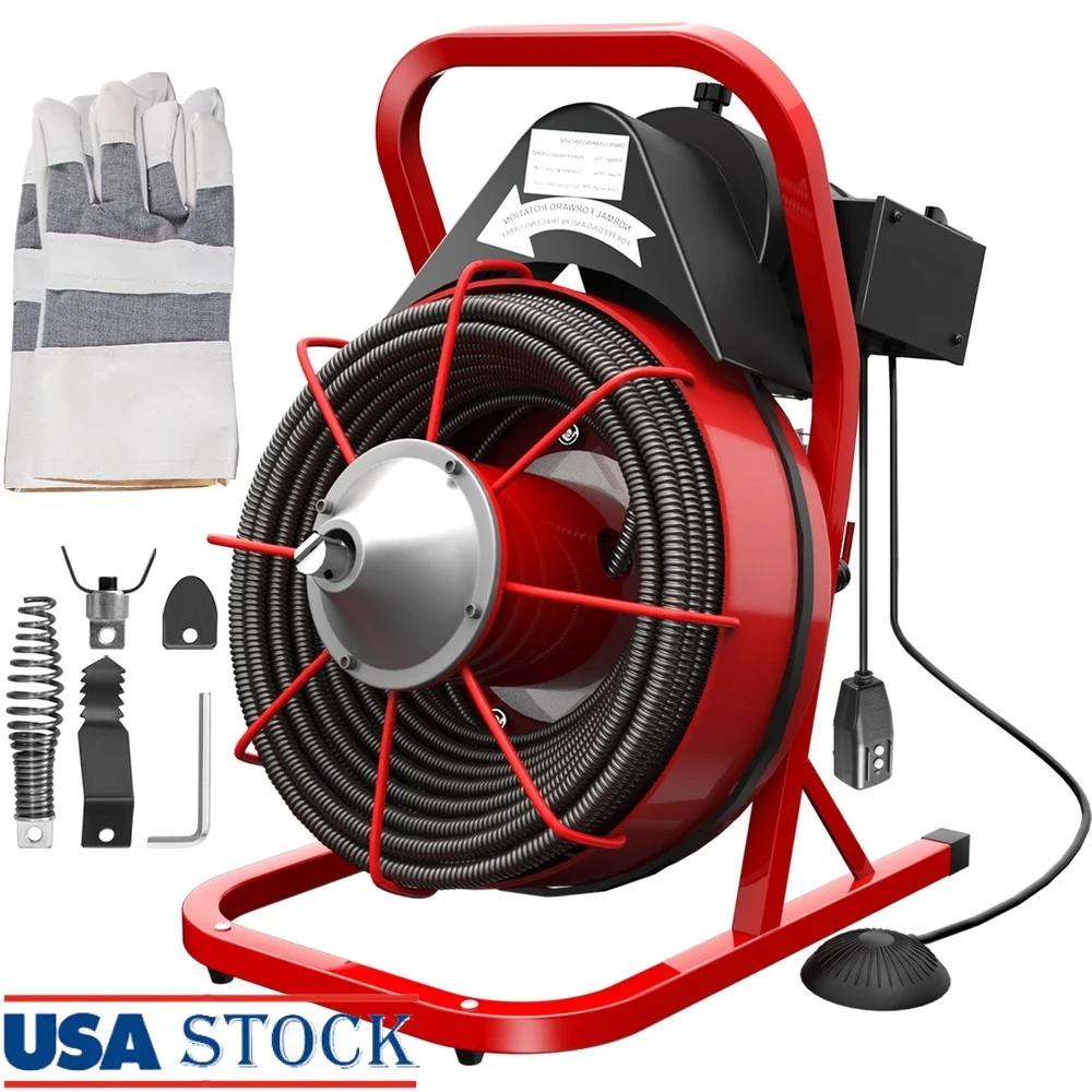 

Электрический дренажный очиститель, канализационный шнек 75 футов, 1/2 дюйма, 370 Вт, от 1 до 4 дюймов, трубы с 4 сменными фрезами и ножным управлением