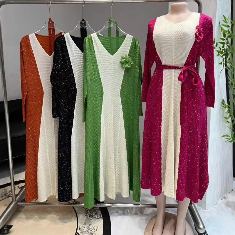 

Новое африканское платье с длинными рукавами Miyake, плиссированное модное платье с цветными блоками, тонкое длинное платье с талией, одежда для торжественных случаев