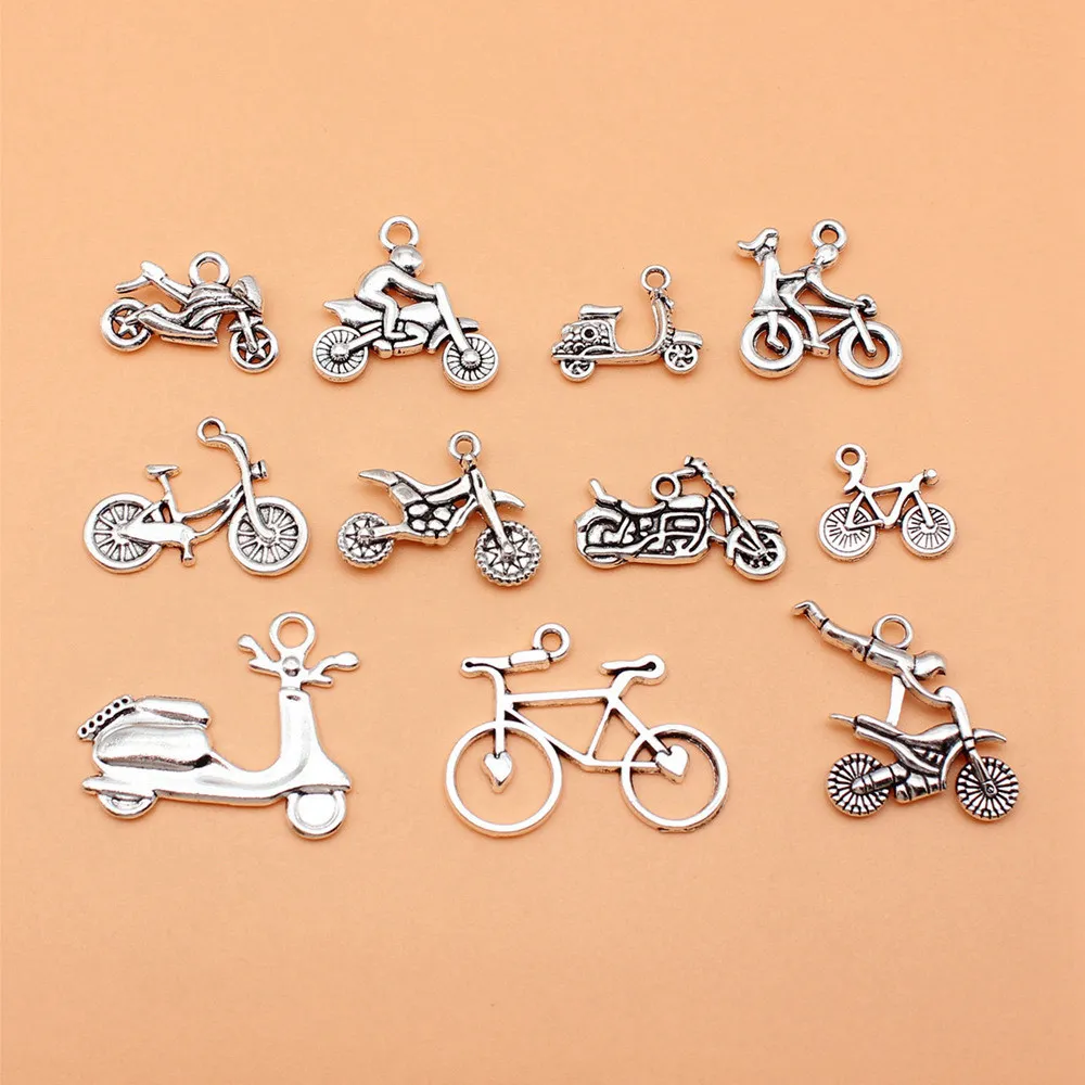 11pcs/lot Antique Silver Color Motorcycle Bicycle Electric Bicycle Charms Collection For Jewelry Making Car Pendant