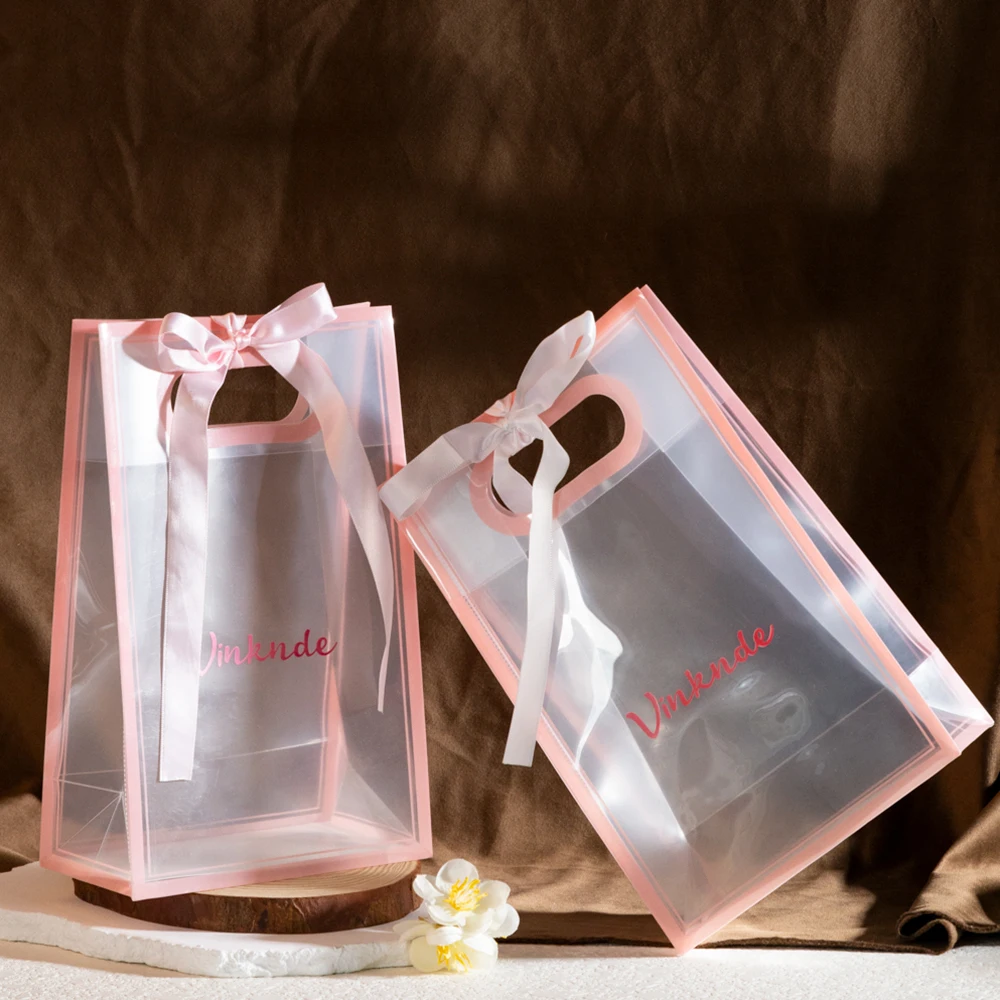 

100pack PP Plastic Tote With Bow Ribbons personalization Logo Snack Boutique Shopping Packaging Dust Organizer Handheld Pouches