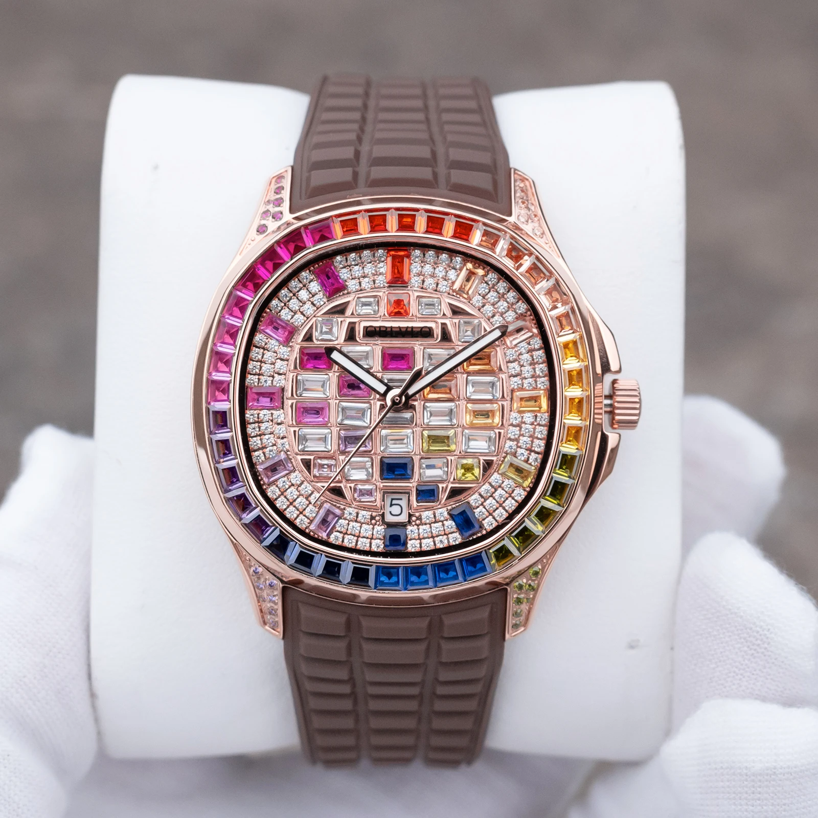 OBLVLO Men's Rose Gold Watch Full Colorful Diamonds Luminous Hands 50m Waterproof Silicone Strap Sport Automatic FM-DSL