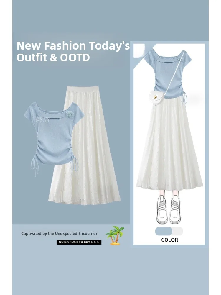 Slim Fit Short Sleeve Drawstring Top with High Waist Skirt for Commuting Summer 2026 Fashion Set High Waist Slimming Effect