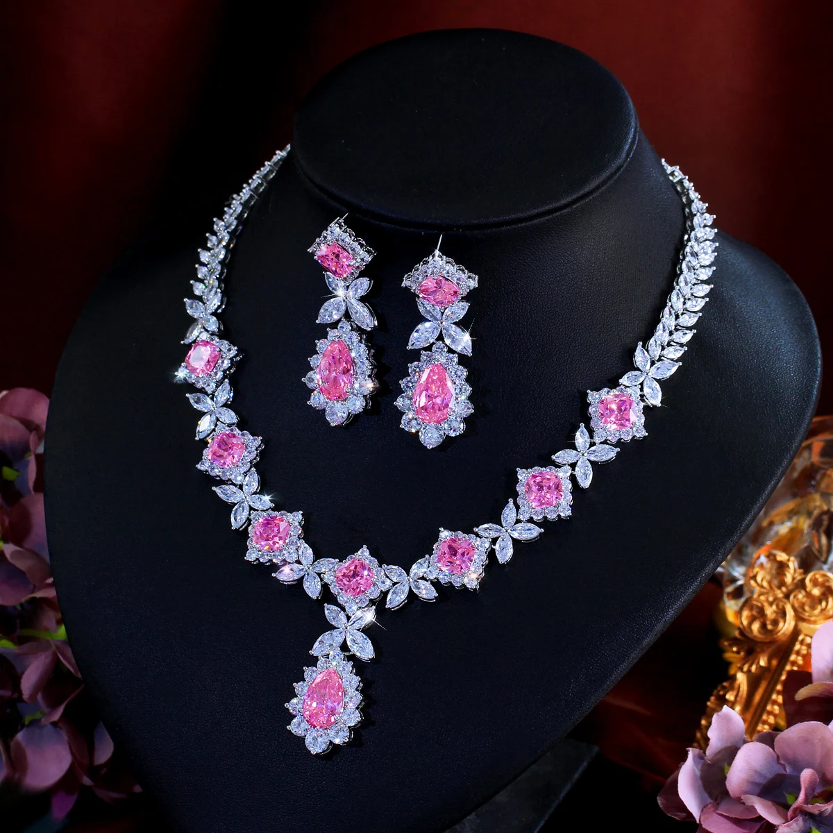 CWWZircons Super Gorgeous Flower Leaf Drop Pink Cubic Zirconia Wedding Bridal Necklace Earring Top Jewelry Sets for Women T0934 view 5