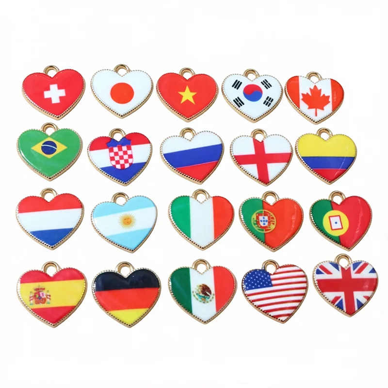 20pcs 15x16mm Enamel National Flags of Countries Heart Charms Pendant DIY Jewelry Making Accessories for Necklace Earrings view 3