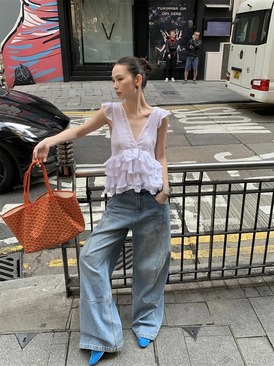 Korean Sle Pure Desire V-Ne Women's Top Summer New Bal Irregular Lace Svel Vest Ins Faion Commute Sle Slim...