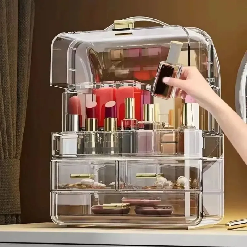Drawer Style Cosmetics Storage Box with Lid and Handle Dustproof Makeup Storage Rack Clear Desktop Organizer view 3