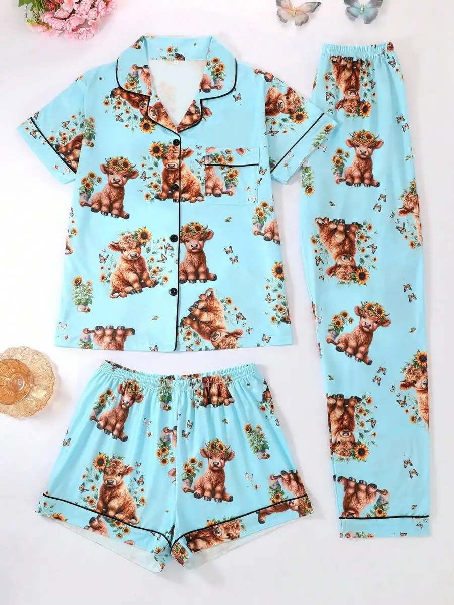 

3pcs Set Women Short Sleeve Pajamas, Includes Shorts And Long Pants, Collared Button Down Shirt, Cute Cow Patte