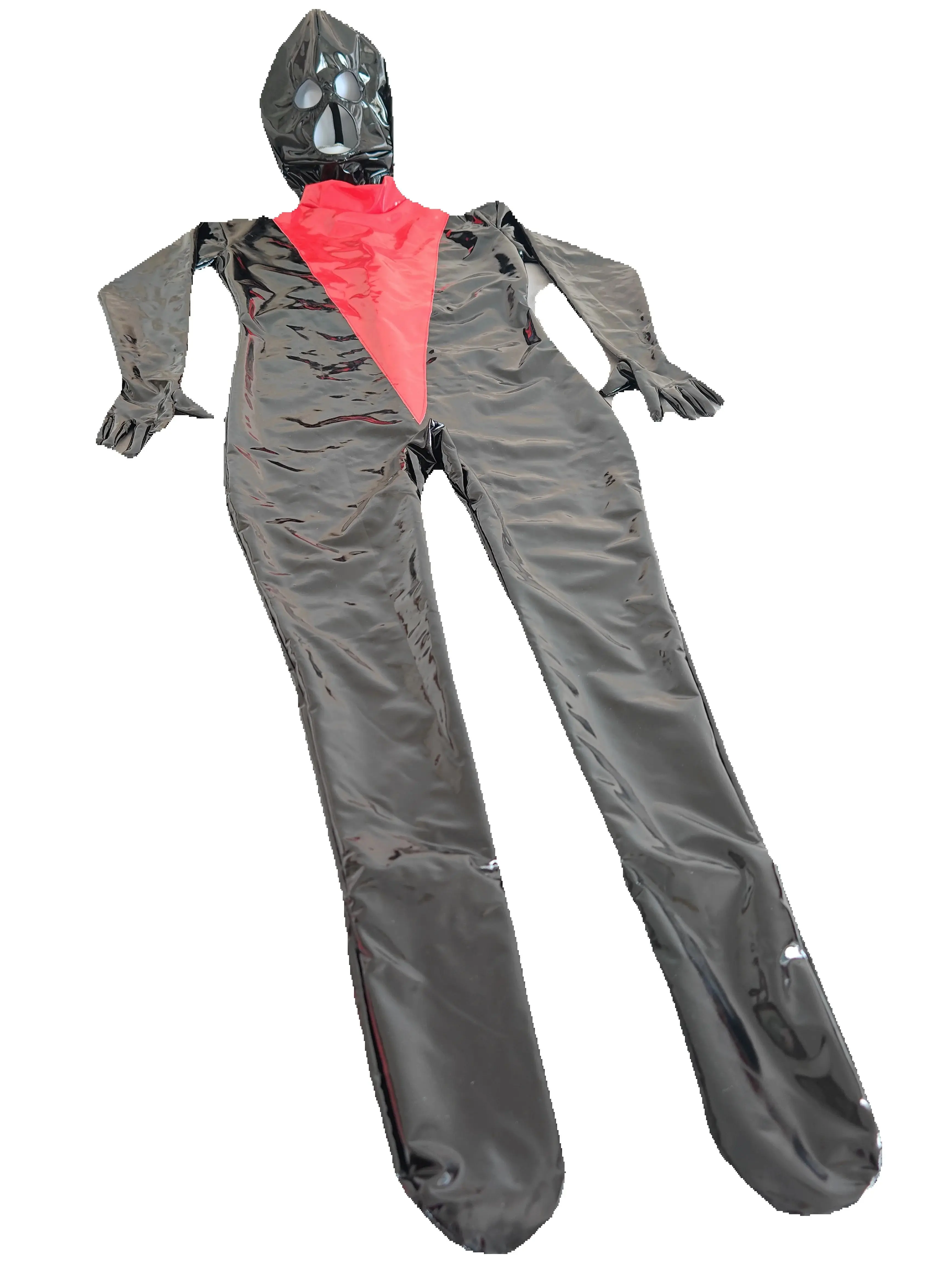 

Лоскутное черно-красное кожаное сексуальное костюм из ПВХ с открытыми глазами, нарядное платье, боди зентай со съемным капюшоном, индивидуальный заказ