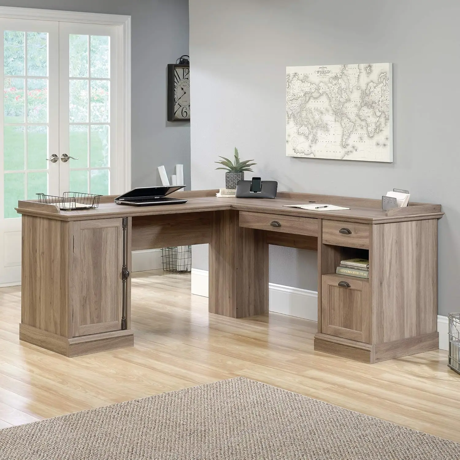 L Desk Salt Oak Finish Two Drawers Feature Metal Runners and Safety Stops Desk Top Has Grommet Holes