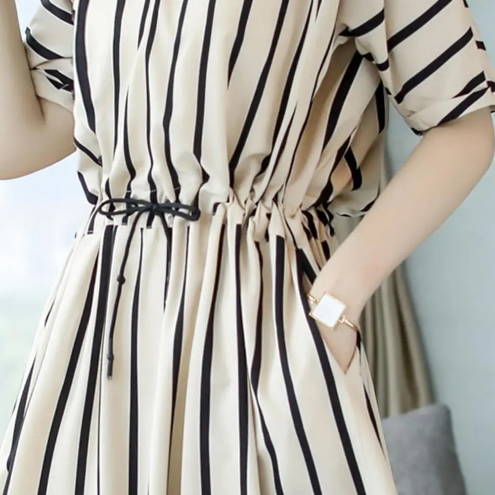 Loose Korean Dress Women Summer O-neck Half Sleeve Slant Pockets Tunic Dress Casual Vertical Striped Print Midi Dress