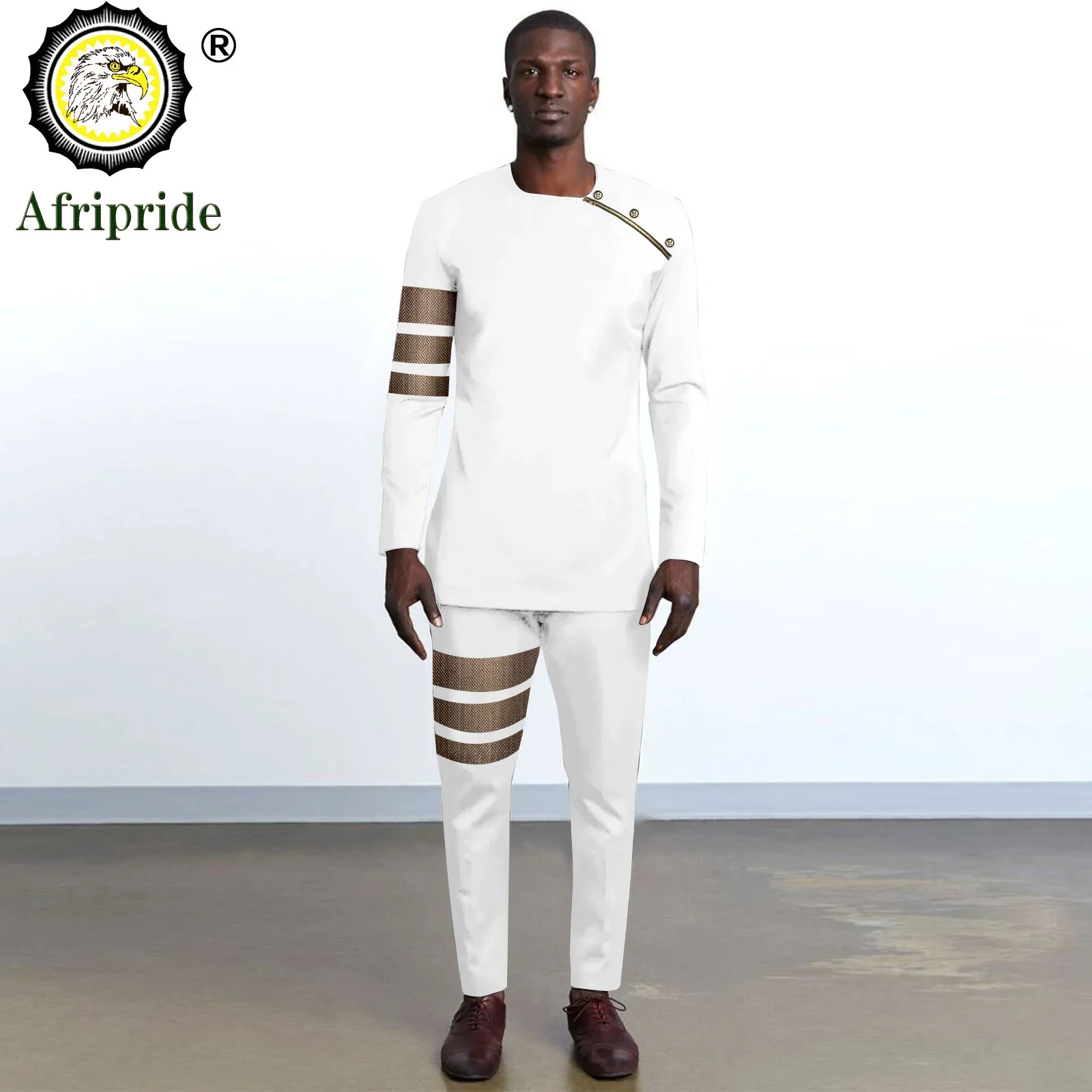 Men`s Suits Gold Button Long Sleeve Embroidery Zip Shirts and Pants 2 Piece Set Plus Size Casual Outfits African Clothes 2416110