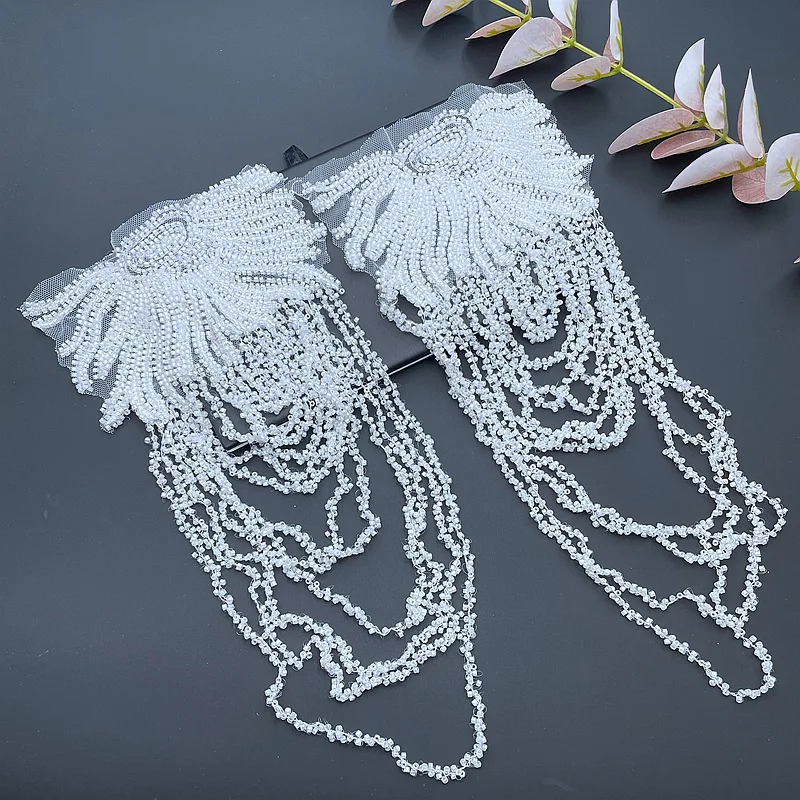 Long Net Bowknot Beaded Phoenix Tail Patch Flower Embroidery Applique Tassel Lace Fringed Patch Wedding Dress Garment Decoration