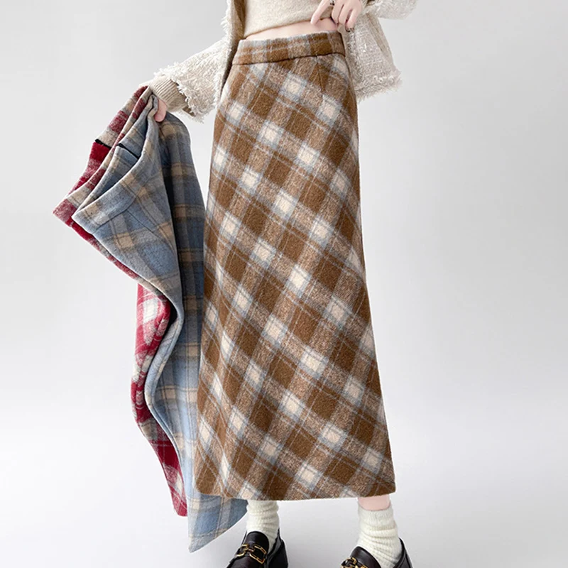 

2025 Autumn Vintage Woolen Plaid Skirts Lady Elegant High Waist Slimming A-Line Skirt Women Korean Streetwear Slit Long Skirt