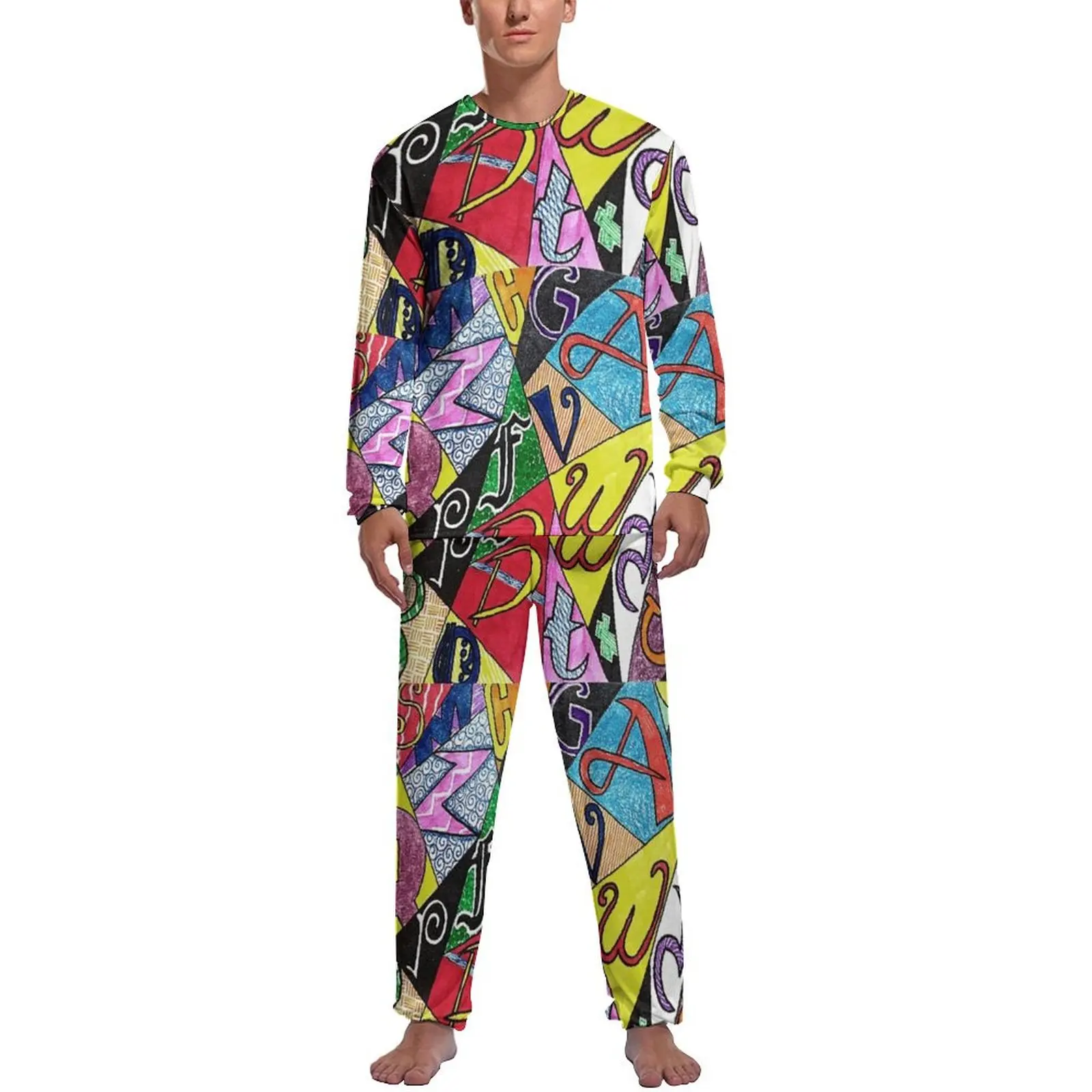 

Colorful Word Graffiti Pajamas Long Sleeves Eye Exam Print 2 Piece Leisure Pajamas Set Autumn Men Design Romantic Nightwear