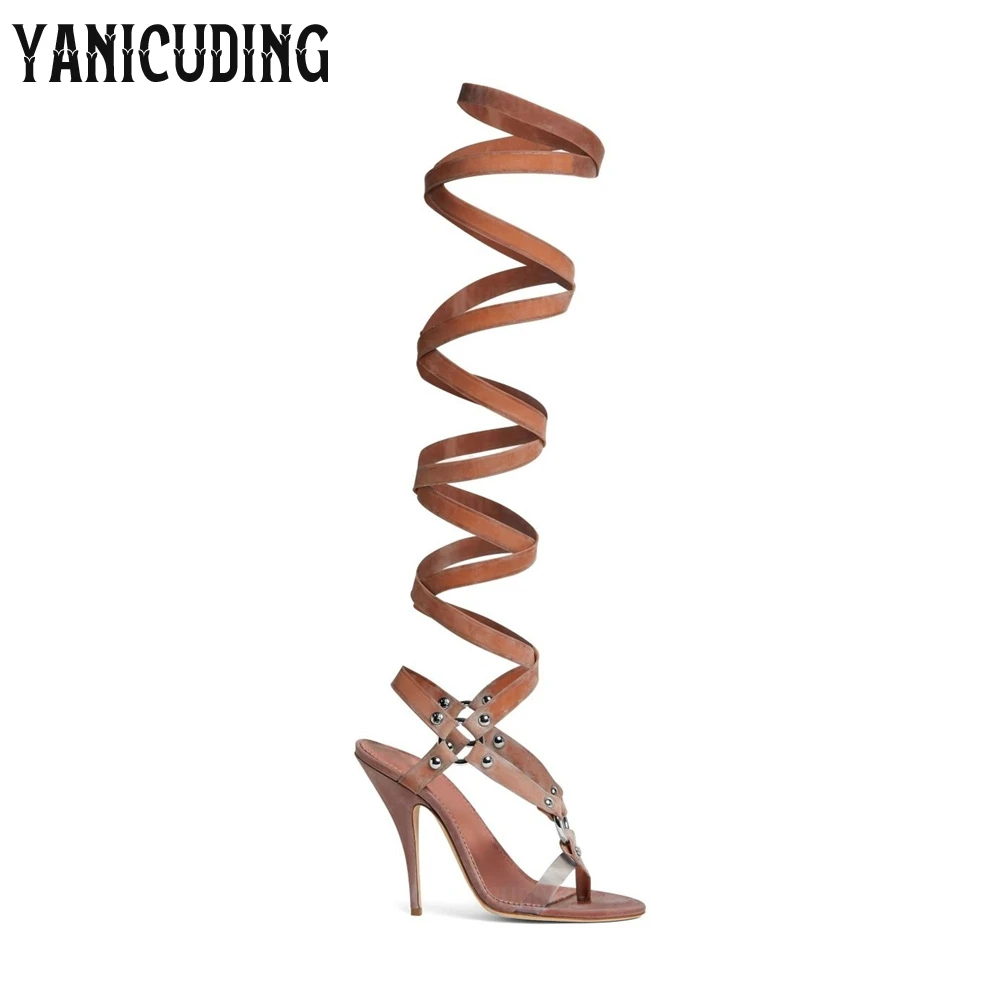 

Multi Strap Sandals Boots Multi-way Strap Design Summer Boots Thong Strap Stud Detailing Wraparound Style Knee High Women Boots